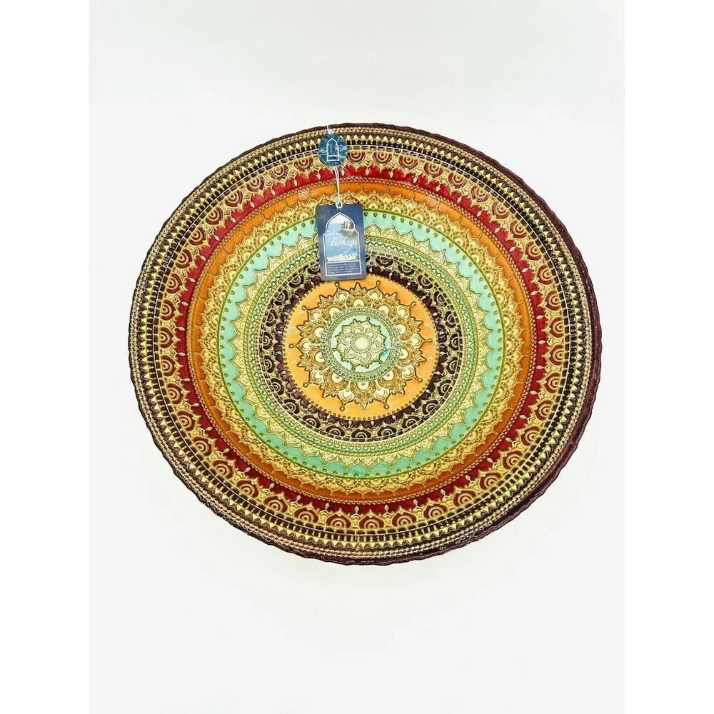 Turkish Glass Round Bowl Dinner Display Gold Oriental Lace 16” W 3” D